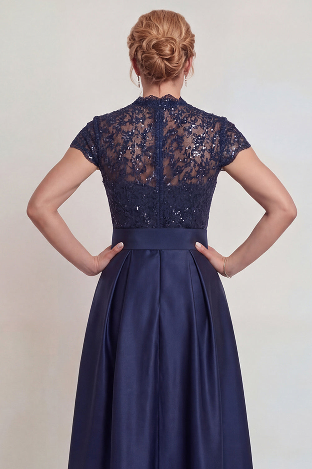 Grey Blue Lace Satin A Line Cap Sleeves Long Mother of the Bride Dress with Belt