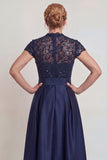 Grey Blue Lace Satin A Line Cap Sleeves Long Mother of the Bride Dress with Belt