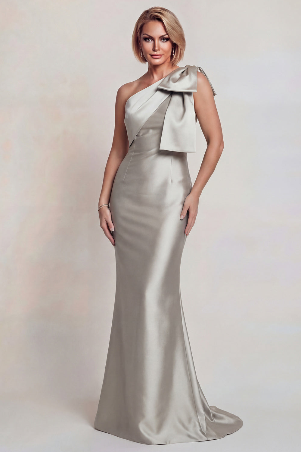 Grey Satin One Shoulder Mermaid Long Mother of the Bride Dress with Bow