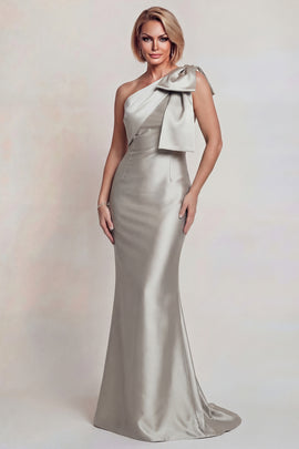 Grey Satin One Shoulder Mermaid Long Mother of the Bride Dress with Bow