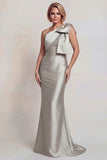 Grey Satin One Shoulder Mermaid Long Mother of the Bride Dress with Bow