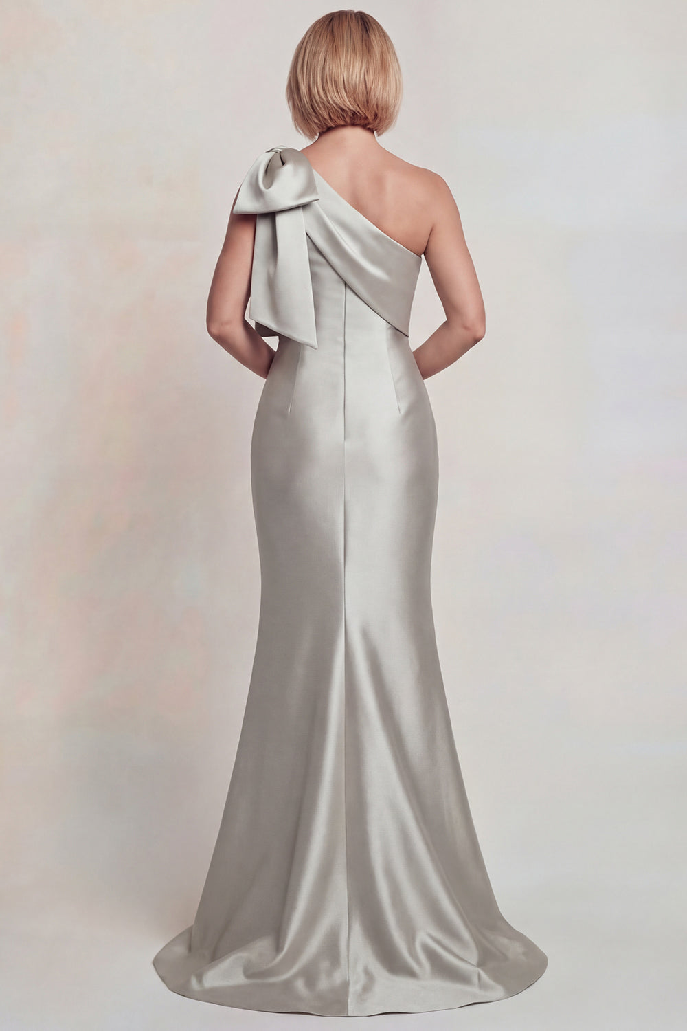 Grey Satin One Shoulder Mermaid Long Mother of the Bride Dress with Bow