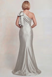 Grey Satin One Shoulder Mermaid Long Mother of the Bride Dress with Bow