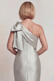 Grey Satin One Shoulder Mermaid Long Mother of the Bride Dress with Bow