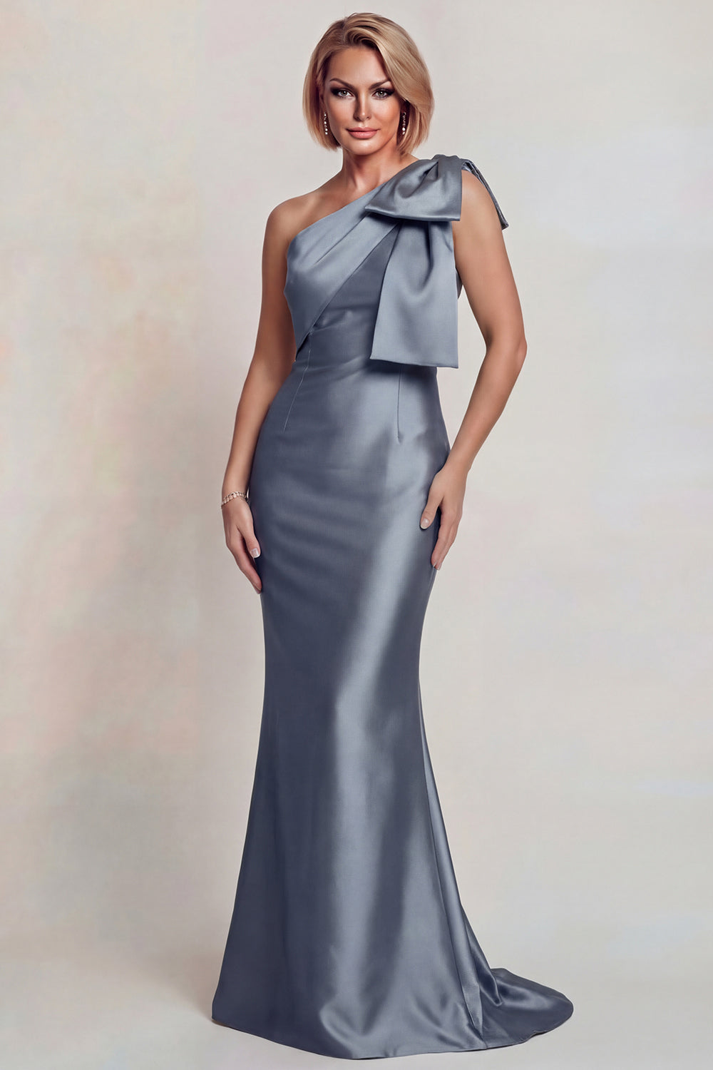 Grey Satin One Shoulder Mermaid Long Mother of the Bride Dress with Bow