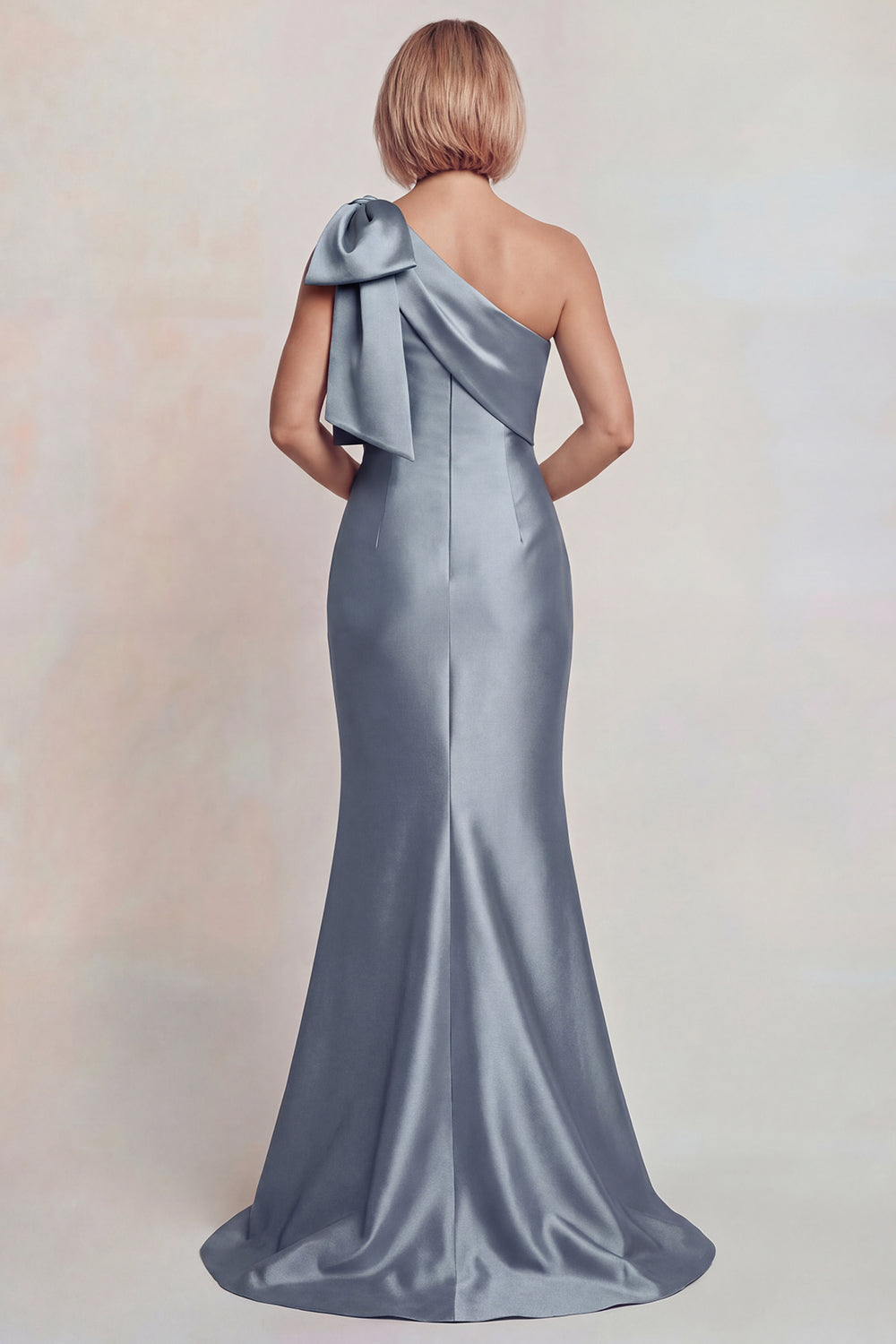 Grey Satin One Shoulder Mermaid Long Mother of the Bride Dress with Bow