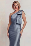Grey Satin One Shoulder Mermaid Long Mother of the Bride Dress with Bow