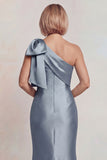 Grey Satin One Shoulder Mermaid Long Mother of the Bride Dress with Bow