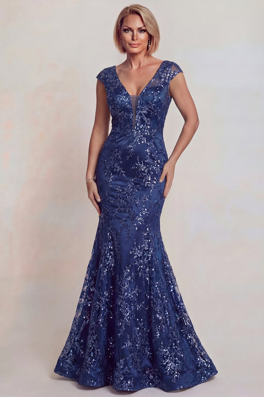 Sparkly Floral Dark Blue Mermaid Lace V-Neck Long Mother of the Bride Dress