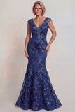 Sparkly Floral Dark Blue Mermaid Lace V-Neck Long Mother of the Bride Dress