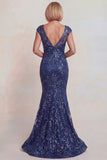 Sparkly Floral Dark Blue Mermaid Lace V-Neck Long Mother of the Bride Dress