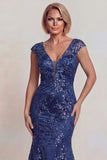 Sparkly Floral Dark Blue Mermaid Lace V-Neck Long Mother of the Bride Dress