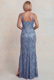 Sparkly Grey Blue Mermaid Floral Lace Long Mother of the Bride Dress with Slit