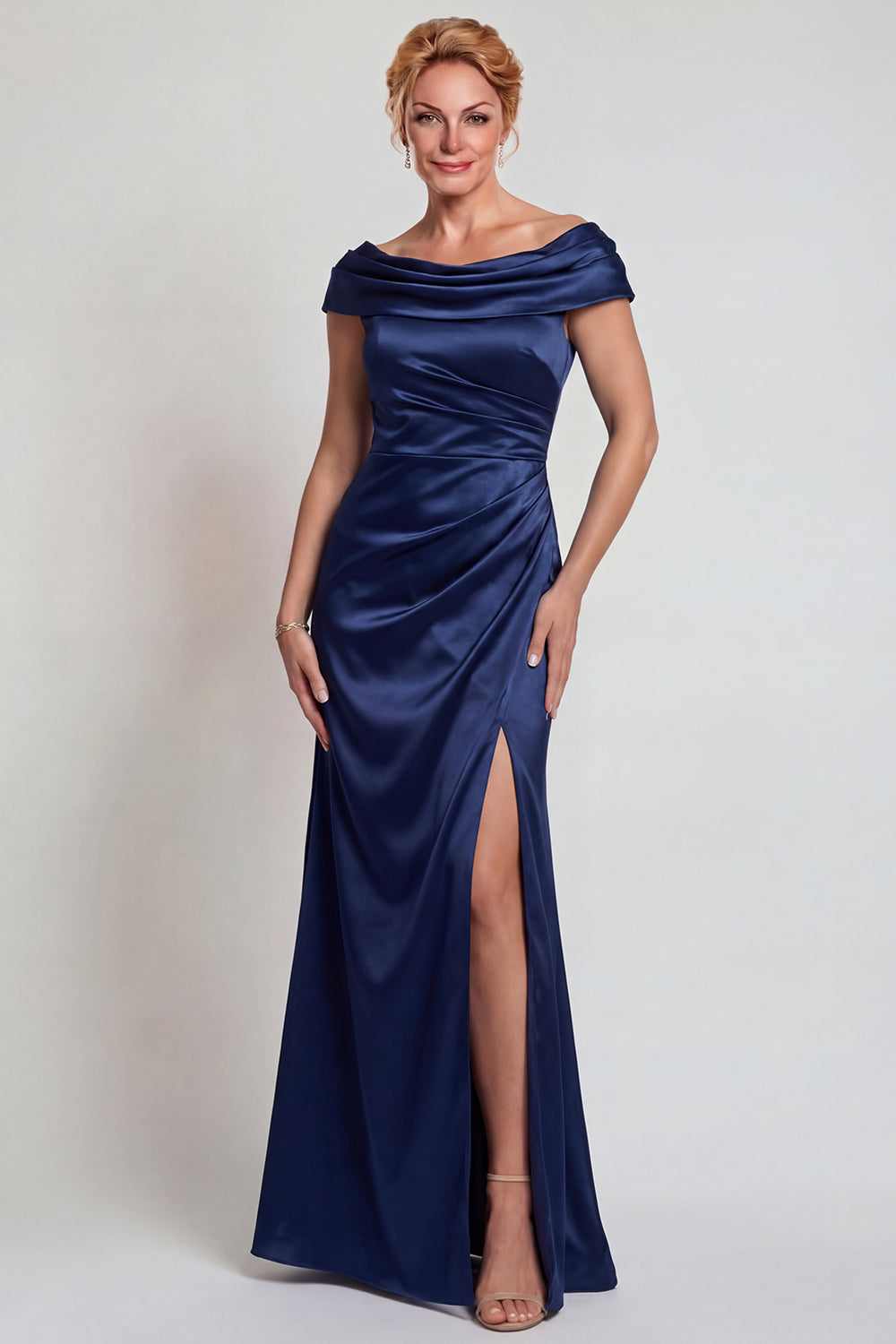 Navy Mermaid Satin Boat Neck Ruched Long Mother of the Bride Dress with Slit