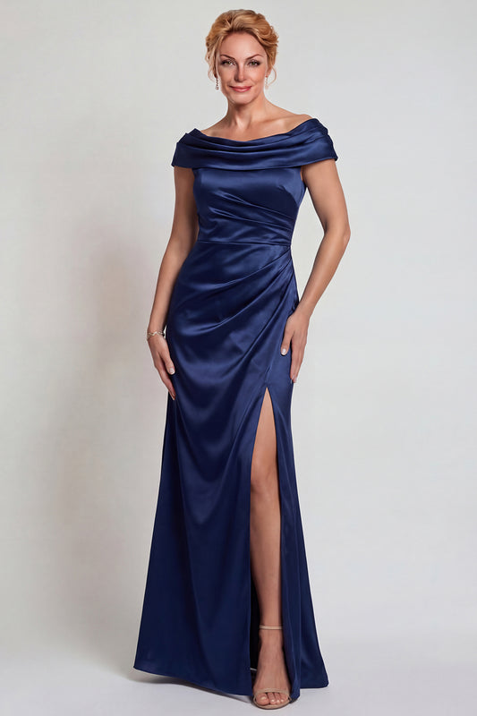 Navy Mermaid Satin Boat Neck Ruched Long Mother of the Bride Dress with Slit