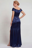Navy Mermaid Satin Boat Neck Ruched Long Mother of the Bride Dress with Slit