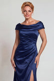Navy Mermaid Satin Boat Neck Ruched Long Mother of the Bride Dress with Slit