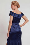 Navy Mermaid Satin Boat Neck Ruched Long Mother of the Bride Dress with Slit
