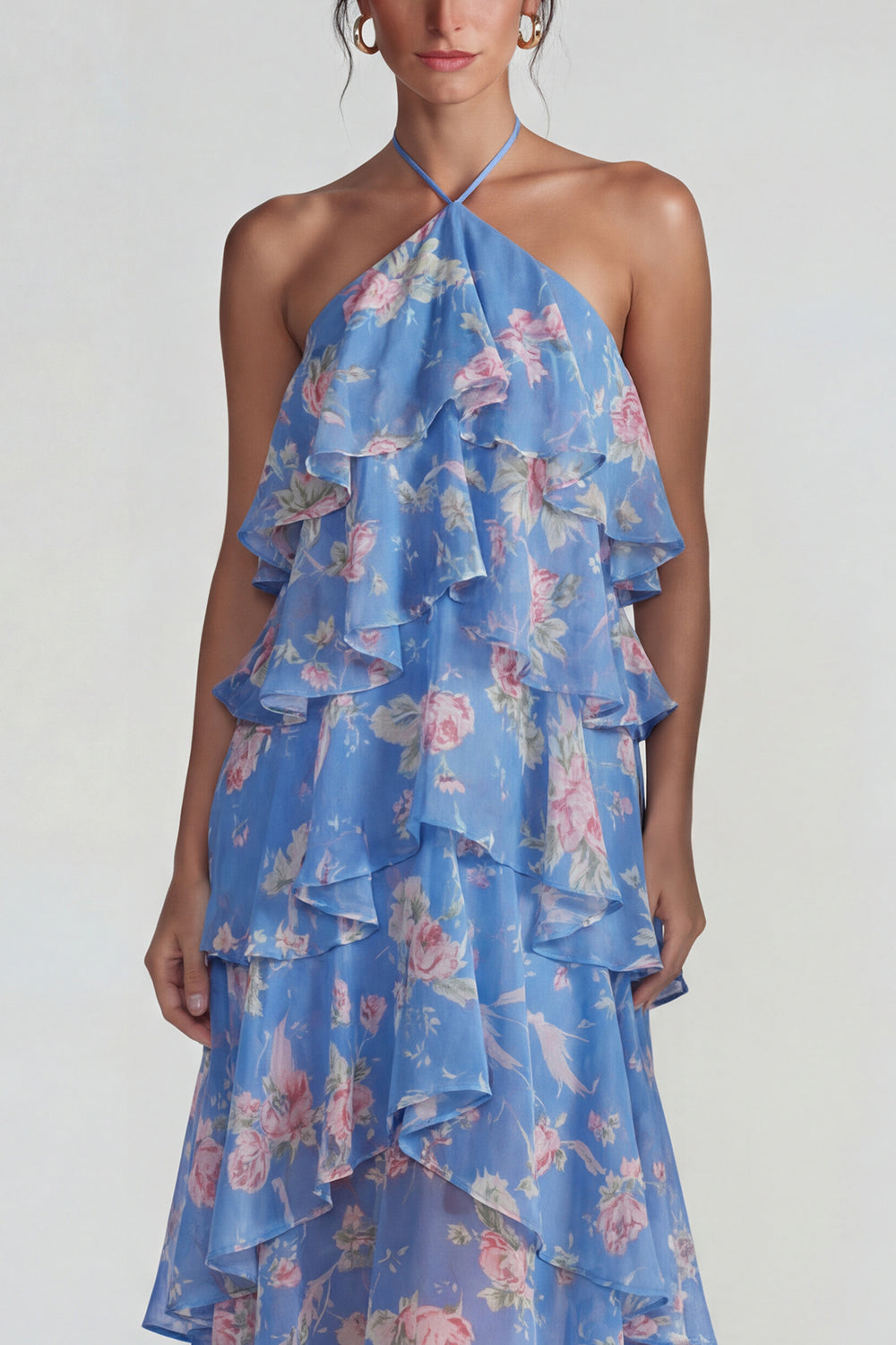 Blue Pink Tiered A Line Flower Halter Long Wedding Guest Dress with Ruffles