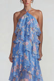 Blue Pink Tiered A Line Flower Halter Long Wedding Guest Dress with Ruffles