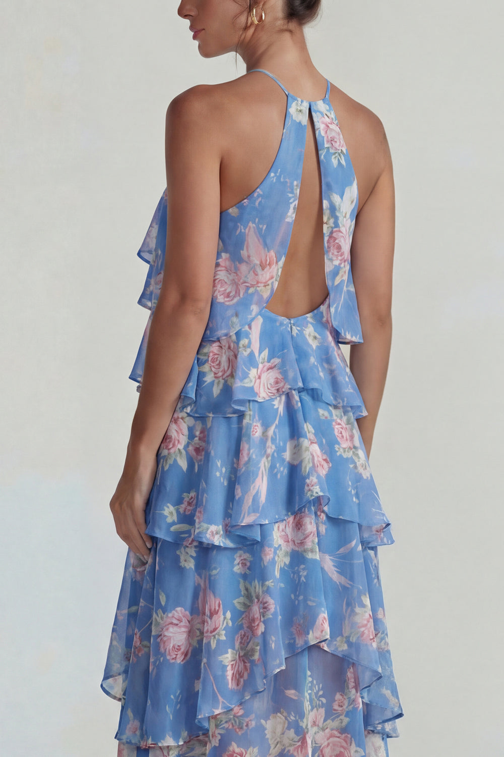 Blue Pink Tiered A Line Flower Halter Long Wedding Guest Dress with Ruffles