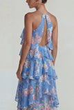 Blue Pink Tiered A Line Flower Halter Long Wedding Guest Dress with Ruffles