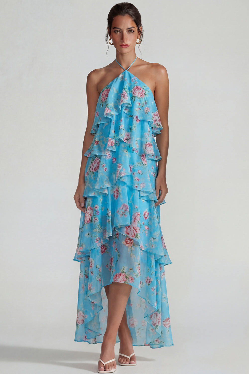 Blue Pink Tiered A Line Flower Halter Long Wedding Guest Dress with Ruffles