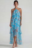 Blue Pink Tiered A Line Flower Halter Long Wedding Guest Dress with Ruffles