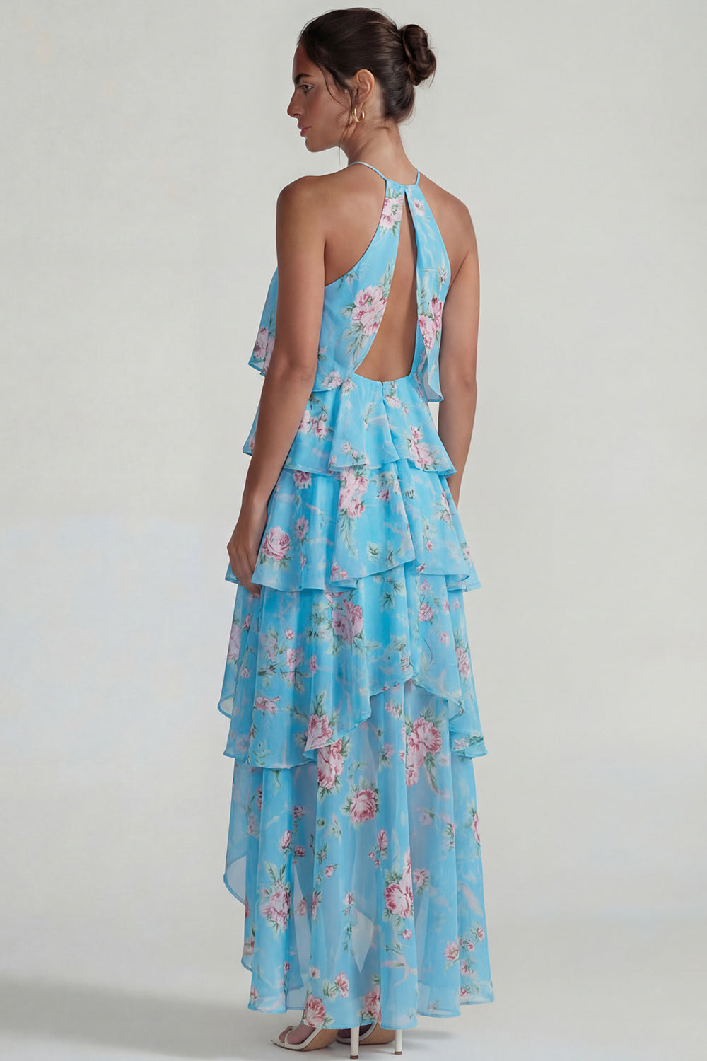 Blue Pink Tiered A Line Flower Halter Long Wedding Guest Dress with Ruffles