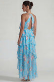 Blue Pink Tiered A Line Flower Halter Long Wedding Guest Dress with Ruffles