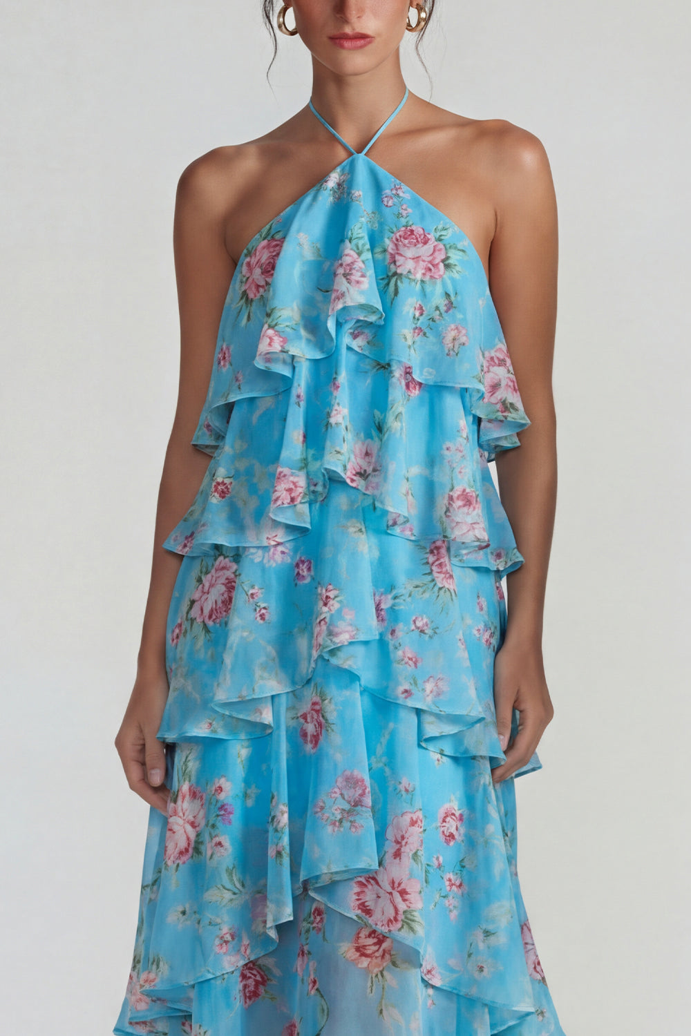 Blue Pink Tiered A Line Flower Halter Long Wedding Guest Dress with Ruffles
