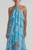 Blue Pink Tiered A Line Flower Halter Long Wedding Guest Dress with Ruffles