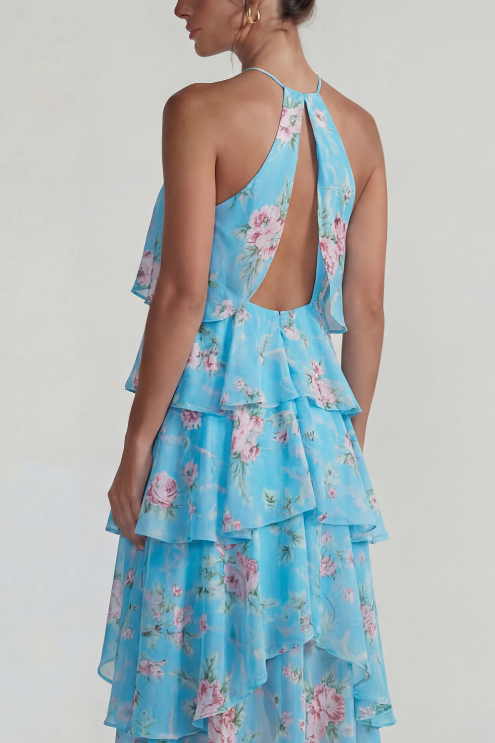 Blue Pink Tiered A Line Flower Halter Long Wedding Guest Dress with Ruffles