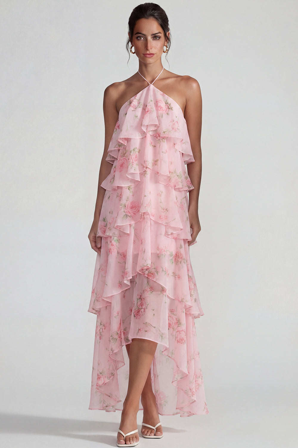 Blue Pink Tiered A Line Flower Halter Long Wedding Guest Dress with Ruffles