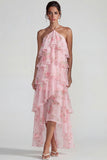 Blue Pink Tiered A Line Flower Halter Long Wedding Guest Dress with Ruffles