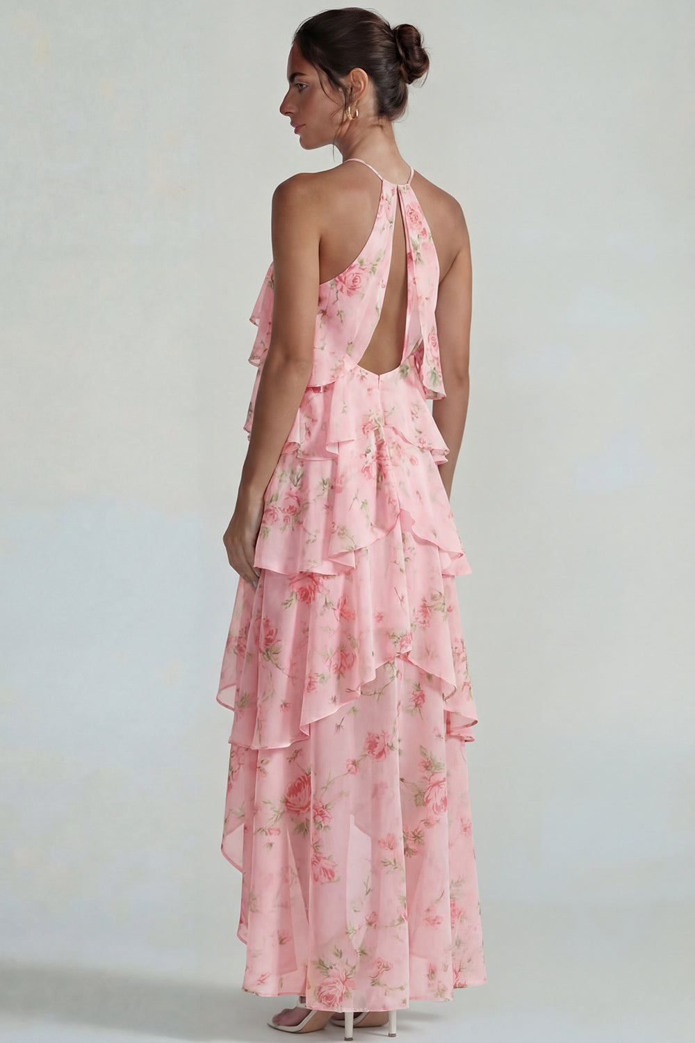Blue Pink Tiered A Line Flower Halter Long Wedding Guest Dress with Ruffles