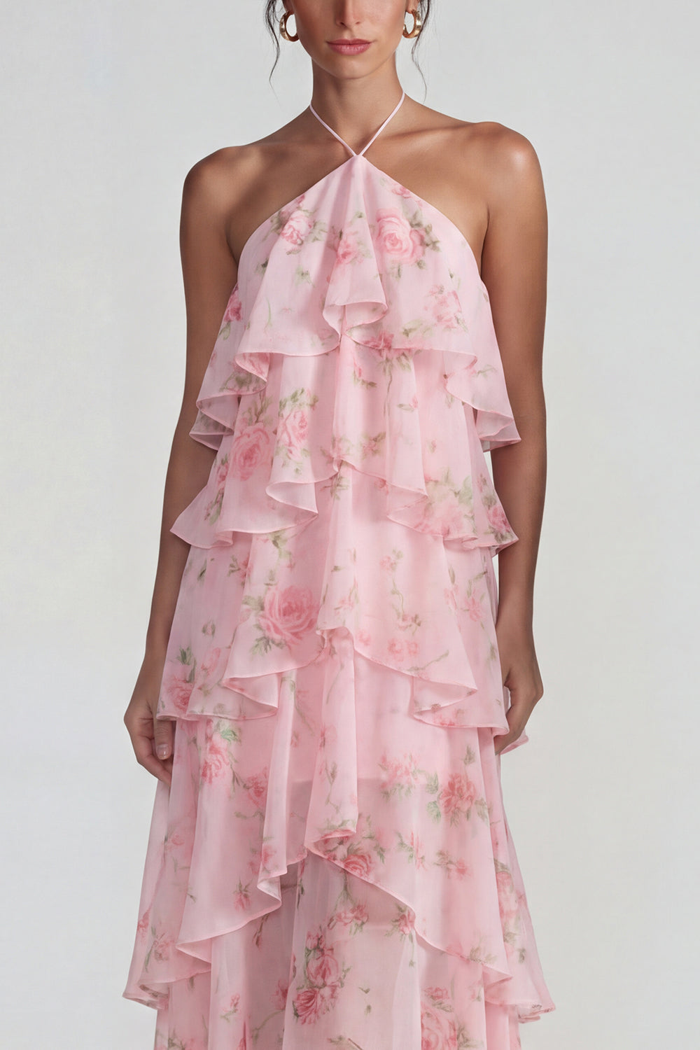 Blue Pink Tiered A Line Flower Halter Long Wedding Guest Dress with Ruffles