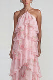 Blue Pink Tiered A Line Flower Halter Long Wedding Guest Dress with Ruffles