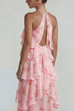 Blue Pink Tiered A Line Flower Halter Long Wedding Guest Dress with Ruffles