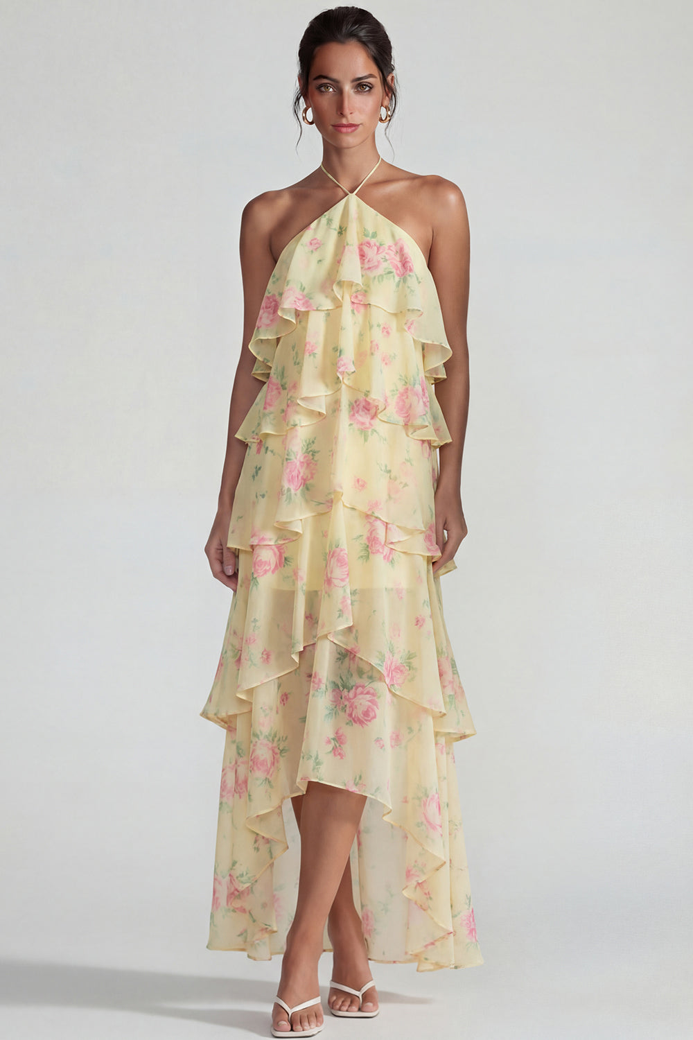 Blue Pink Tiered A Line Flower Halter Long Wedding Guest Dress with Ruffles