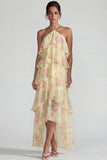 Blue Pink Tiered A Line Flower Halter Long Wedding Guest Dress with Ruffles