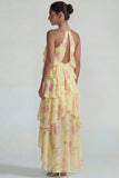 Blue Pink Tiered A Line Flower Halter Long Wedding Guest Dress with Ruffles
