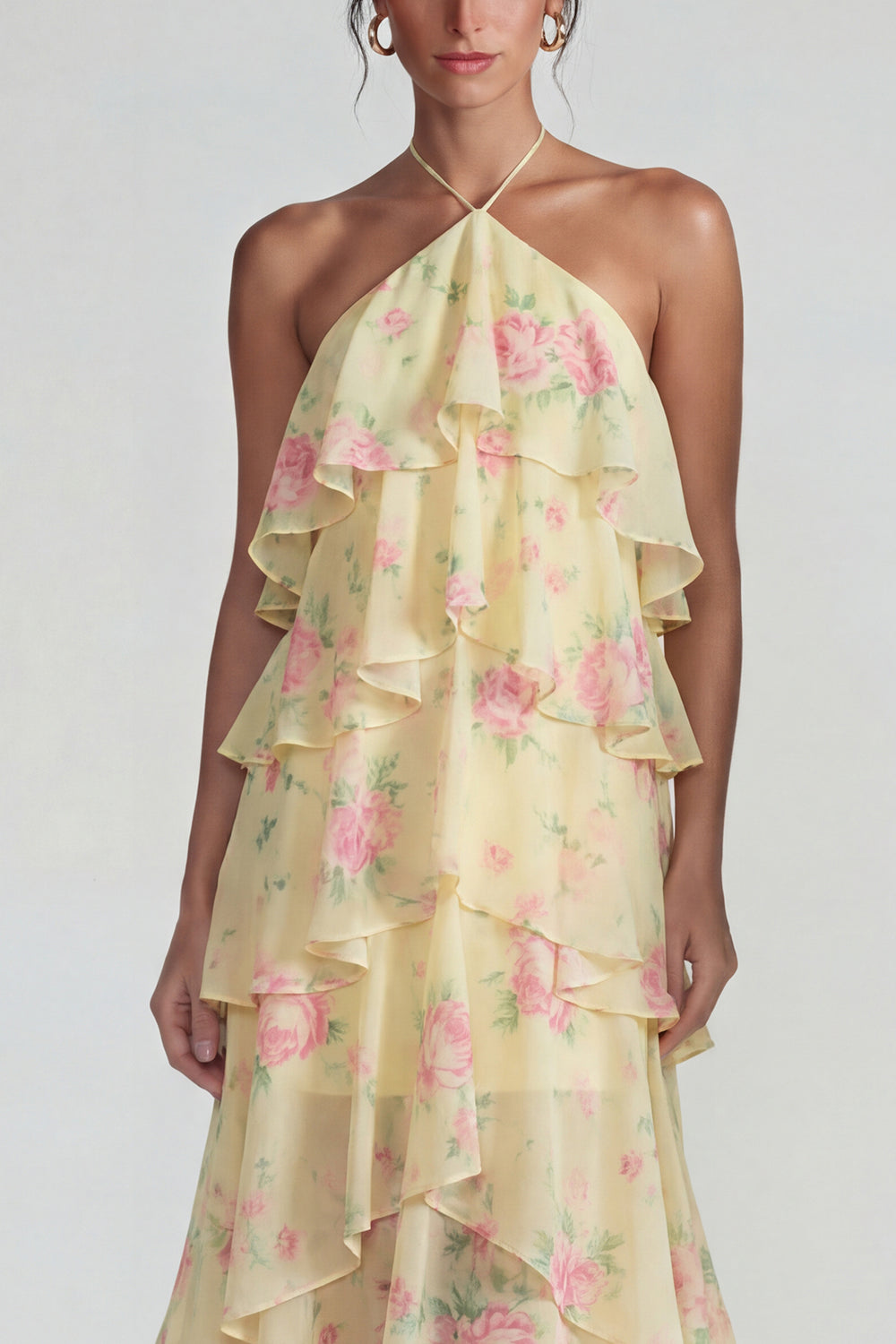 Blue Pink Tiered A Line Flower Halter Long Wedding Guest Dress with Ruffles
