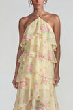 Blue Pink Tiered A Line Flower Halter Long Wedding Guest Dress with Ruffles