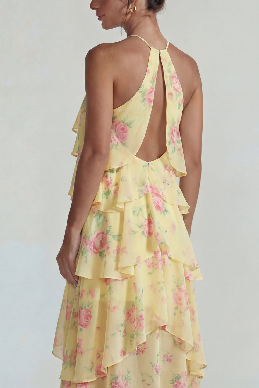 Blue Pink Tiered A Line Flower Halter Long Wedding Guest Dress with Ruffles