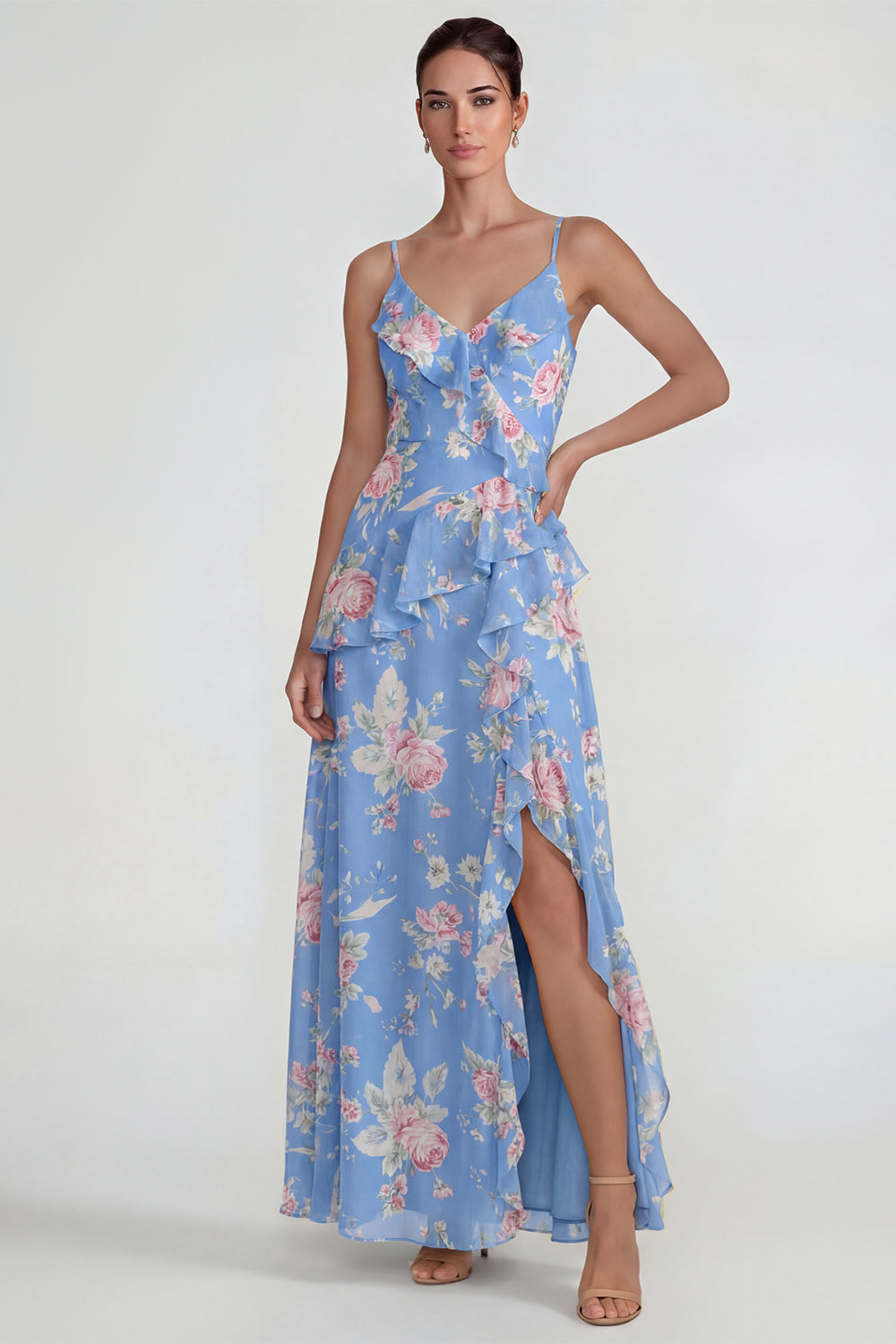 Blue Pink Flower A Line Spaghetti Straps Ruffled Long Wedding Guest Dress with Slit