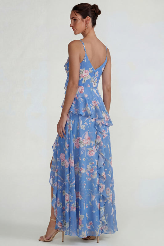 Blue Pink Flower A Line Spaghetti Straps Ruffled Long Wedding Guest Dress with Slit
