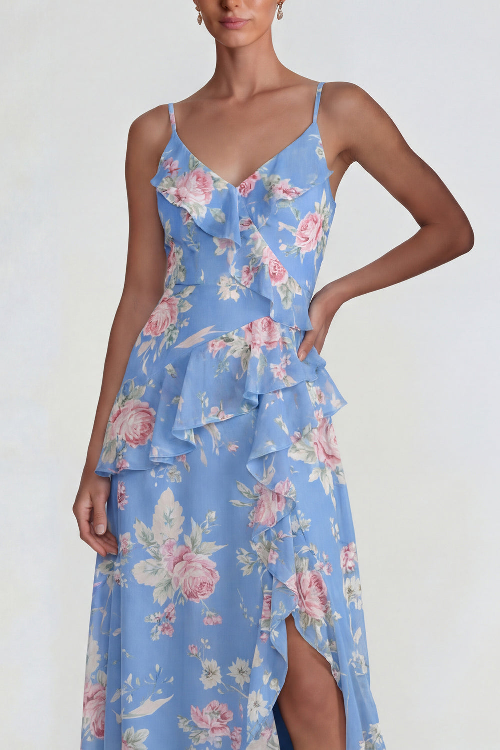 Blue Pink Flower A Line Spaghetti Straps Ruffled Long Wedding Guest Dress with Slit