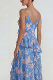 Blue Pink Flower A Line Spaghetti Straps Ruffled Long Wedding Guest Dress with Slit
