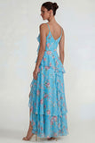 Blue Pink Flower A Line Spaghetti Straps Ruffled Long Wedding Guest Dress with Slit